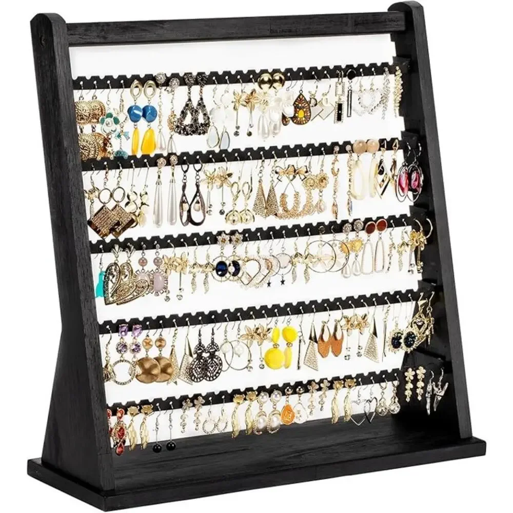 Earring Organizer Women Wood 5 Layer Display Stand Rustic Jewelry Holder Rack